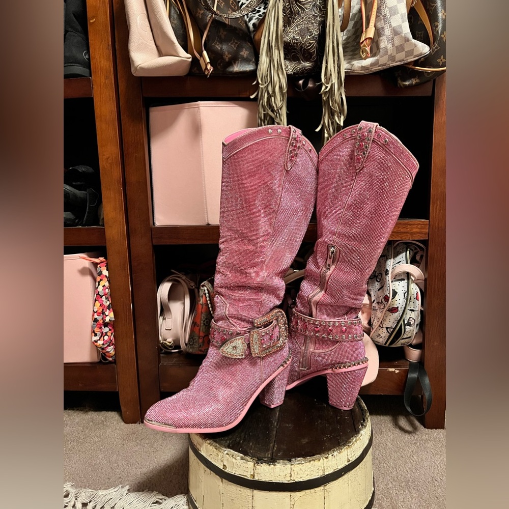 Dolls Kill Sugar Thrillz Sheriff Shine Knee High Cowboy Boots Pink - Picture 3 of 8